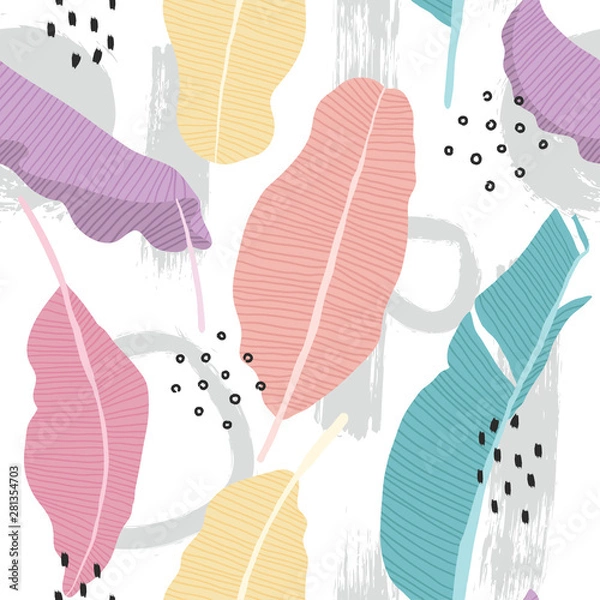 Fototapeta Colourful pastel abstract banana leaf seamless pattern