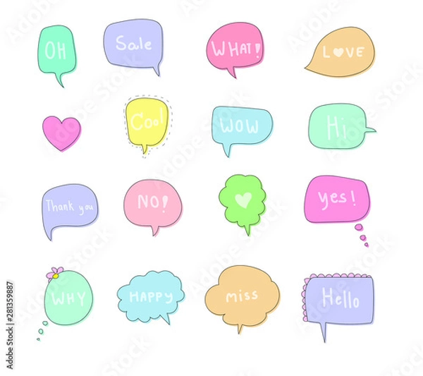 Fototapeta Hand draw speech bubble set. Cute pastel doodle style for chat, inbox, online, speech, bubble, text,question, Balloon, idea, business. Graphic illustration vector icon.
