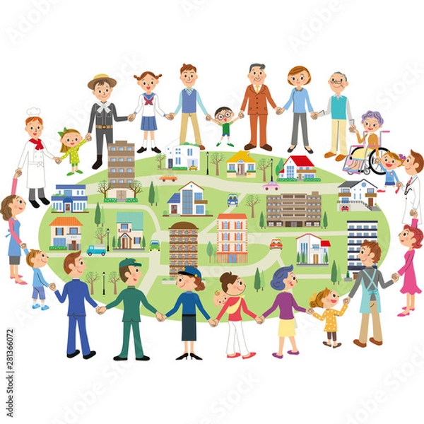 Fototapeta 街の人々と不動産