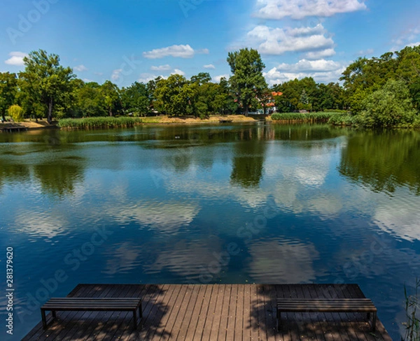 Obraz Benches on the pier near the lake