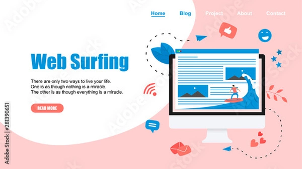 Fototapeta Webpage Template. Surfer surfing a wave web page vector illustration. Web page surfing concept.	