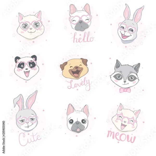 Obraz Cartoon cute animals for baby card and invitation. Vector illustration. Lion, dog, bunny, bear, panda, tiger, cat, fox.