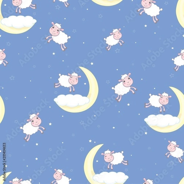 Obraz Seamless pattern of counting sheep to fall asleep. Cartoon happy jumping sheep for baby. Vector background