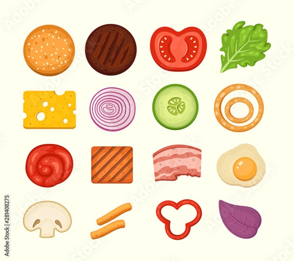Fototapeta Burger ingredients set of vector icons in midern cartoon style. Burgers constructor top view, cheeseburger parts collection.