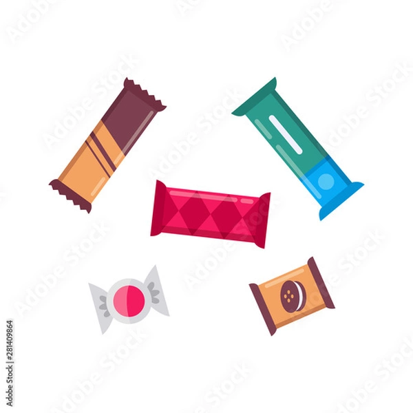 Fototapeta Cute chocolate bar candys set of vector icons. snack collection.