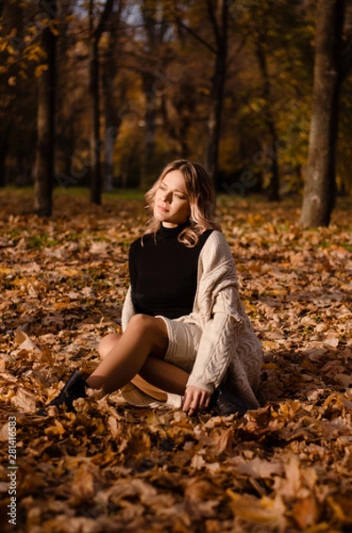 Fototapeta Beautiful woman sitting on the ground on yellow leaves in park. Leisure time on warm autumn day