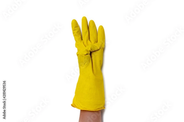 Fototapeta Hand with yellow cleaning gloves showing symbolic gestures. hand in a yellow protective glove counts up to four