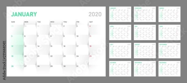 Fototapeta Wall calendar for 2020 year in clean minimal style. Week Starts on Sunday. Set of 12 Months.