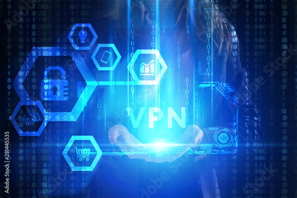 Fototapeta The concept of business, technology, the Internet and the network. A young entrepreneur working on a virtual screen of the future and sees the inscription: VPN