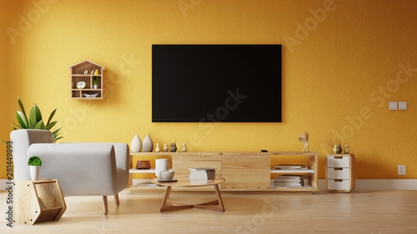 Fototapeta Interior poster mock up living room with colorful white sofa . 3D rendering.
