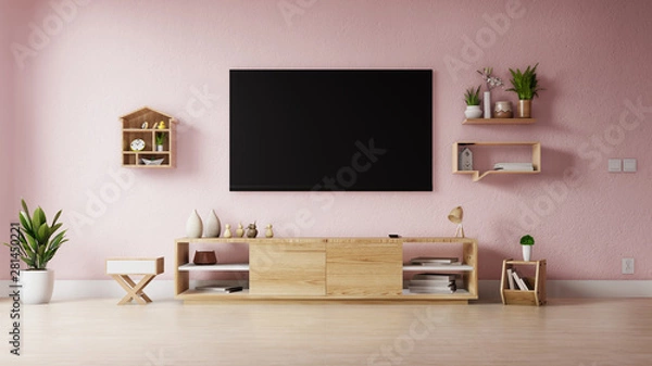 Fototapeta Interior poster mock up living room with colorful white sofa . 3D rendering.