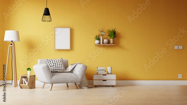 Fototapeta Interior poster mock up living room with colorful white sofa . 3D rendering.