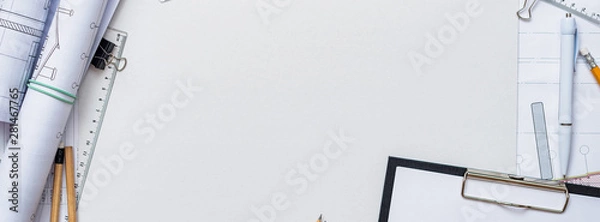 Fototapeta Architectural plans, pencil and ruler on the table. Place for your text.