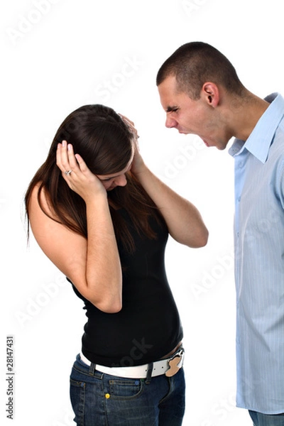 Fototapeta Boy yelling at his girlfriend isolated on white