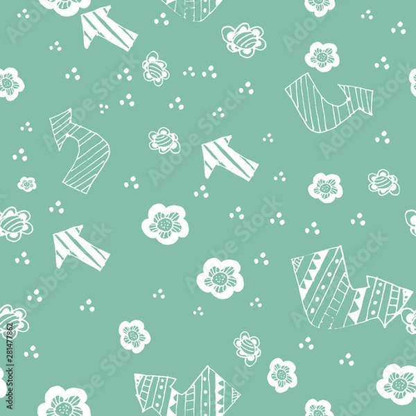 Fototapeta Vector seamless pattern with arrows and flowers in white and green colors