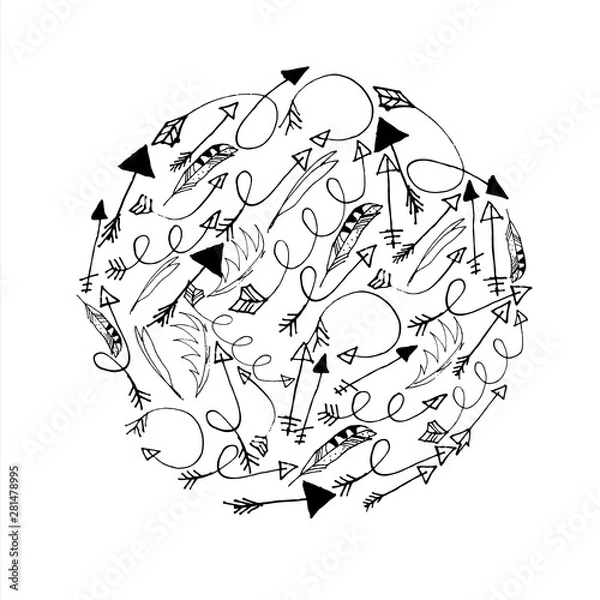 Fototapeta Vector rounded shape in black and white colors with arrows and feathers in doodle style. Perfect for sketch style graphics, posters, print and fabric, backgrounds and cards