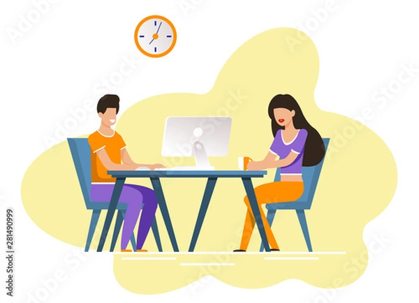 Fototapeta Guy and Girl Sit at Table with Computer and Coffee