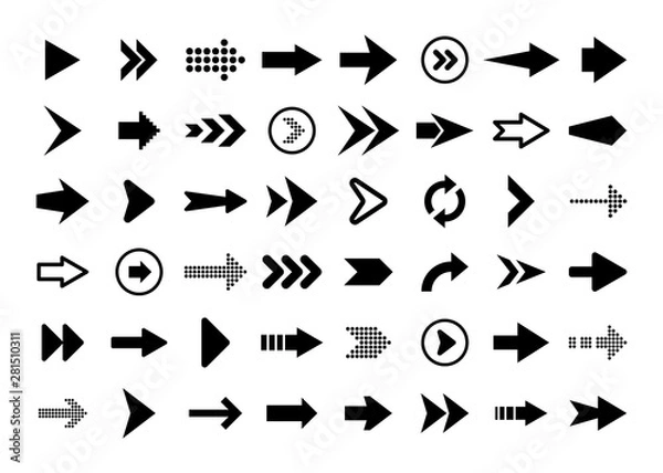 Fototapeta Black Arrows Set on White Background. Arrow, Cursor Icon. Vector Pointers Collection. Back, Next Web Page Sign. 