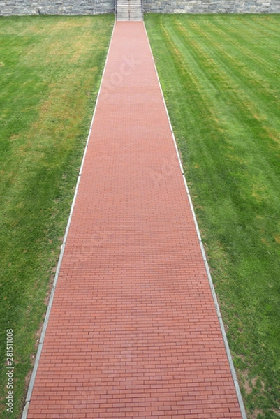 Fototapeta Straight red brick path in a lawn