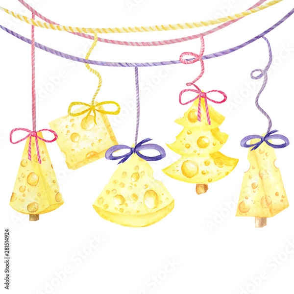 Fototapeta Christmas cheese tree. New year greeting card 2020. Watercolor drawing piece of triangular yellow cheese. Mouse favorite food. Illustration on white background