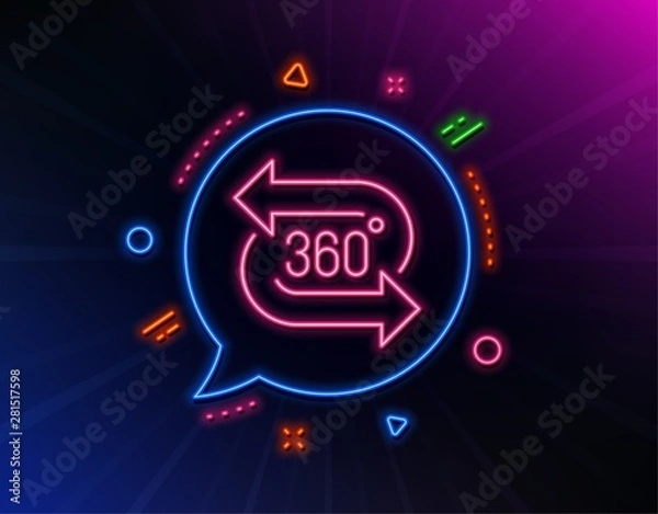 Fototapeta 360 degree line icon. Neon laser lights. VR technology simulation sign. Panoramic view symbol. Glow laser speech bubble. Neon lights chat bubble. Banner badge with 360 degree icon. Vector