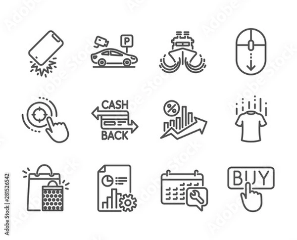 Fototapeta Set of Business icons, such as Report, Seo target, Smartphone broken, Dry t-shirt, Buying, Cashback card, Scroll down, Loan percent, Spanner, Shopping bags, Ship, Parking security. Report icon. Vector