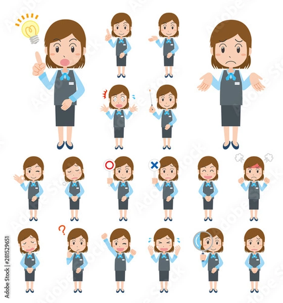 Fototapeta 	受付　案内　女性　表情　感情　バリエーション　セット　全身　主線無し