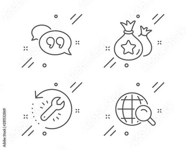 Fototapeta Loyalty points, Recovery tool and Quote bubble line icons set. Internet search sign. Money bags, Backup info, Chat comment. Web finder. Technology set. Line loyalty points outline icon. Vector