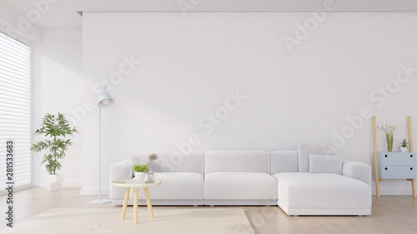 Fototapeta Modern living room interior with sofa and green plants,lamp,table on white wall background. 3d rendering