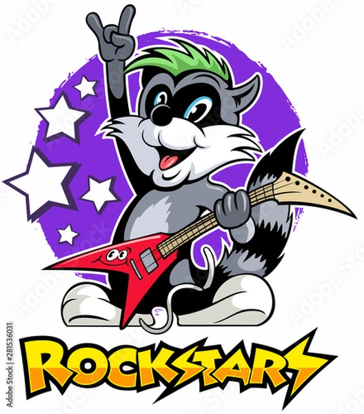 Obraz Cartoon style raccoon playing electric guitar, vector cartoon character.
