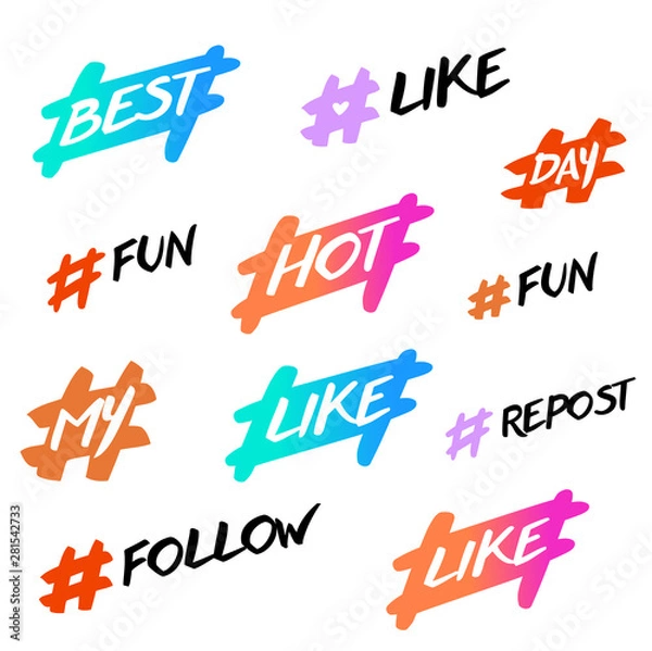 Fototapeta Hashtag icon with text for social network, internet application. Set freehand drawn symbol template. Hashtag isolated on white background. Fun logo