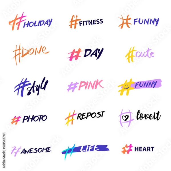 Fototapeta Hashtag icon with text for social network, internet application. Set freehand drawn symbol template. Hashtag isolated on white background. Fun logo