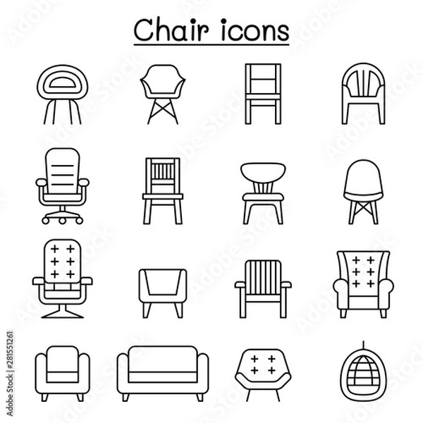 Fototapeta Chair and Sofa of front view icon set in thin line style
