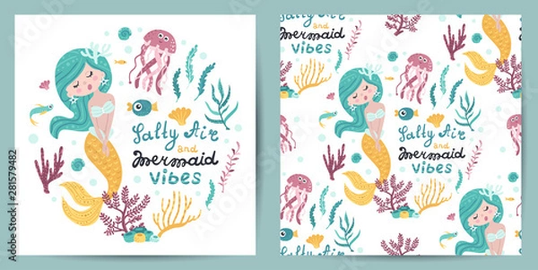 Fototapeta Set of seamless pattern and card with cute mermaid