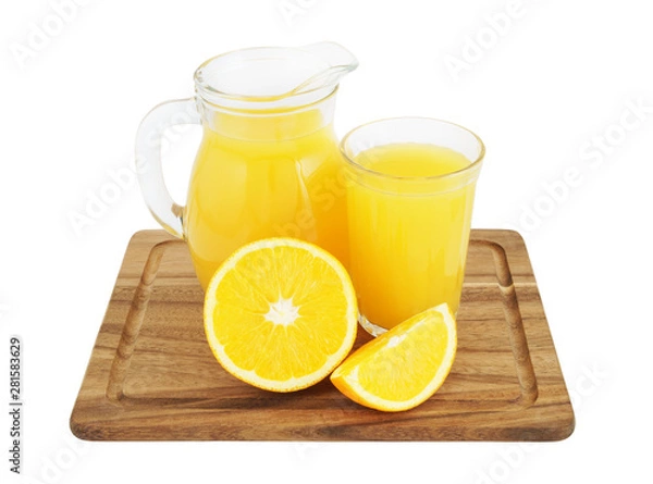 Fototapeta Orange juice in glass and pitcher with orange fruit slices on wooden board isolated on white