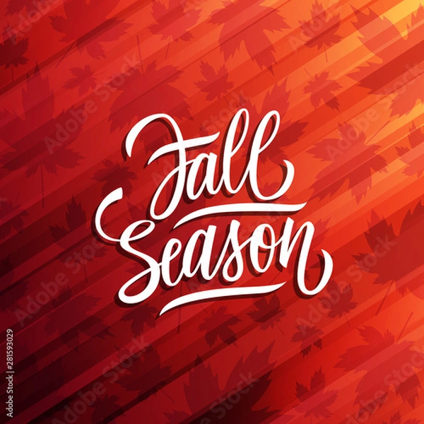 Fototapeta Fall Season card design with hand drawn lettering, autumn leaves and fall colored background. Autumn seasonal vector illustration.