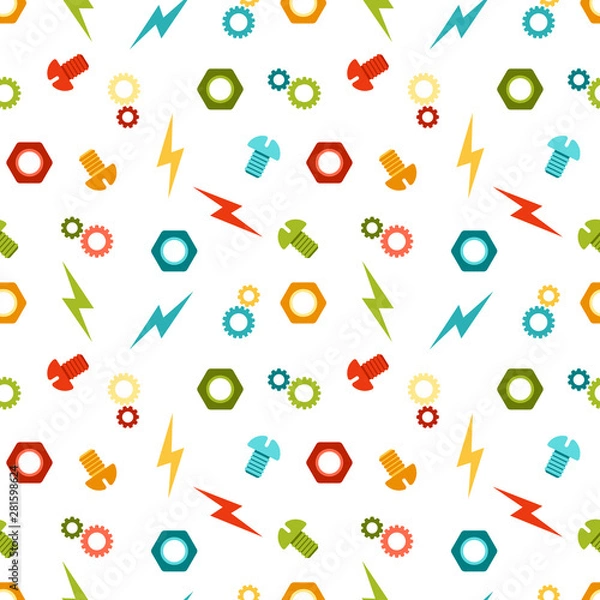Fototapeta Seamless vector pattern of parts, nuts, cogs, gears, zippers, colored on a white background, randomly arranged for boys mechanisms