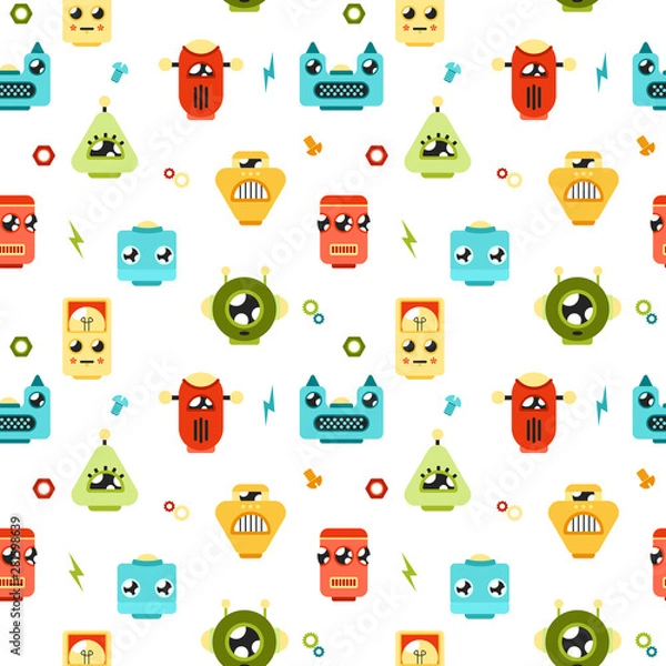Obraz Robots head seamless pattern vector on white background with small elements colored for children; textile decor