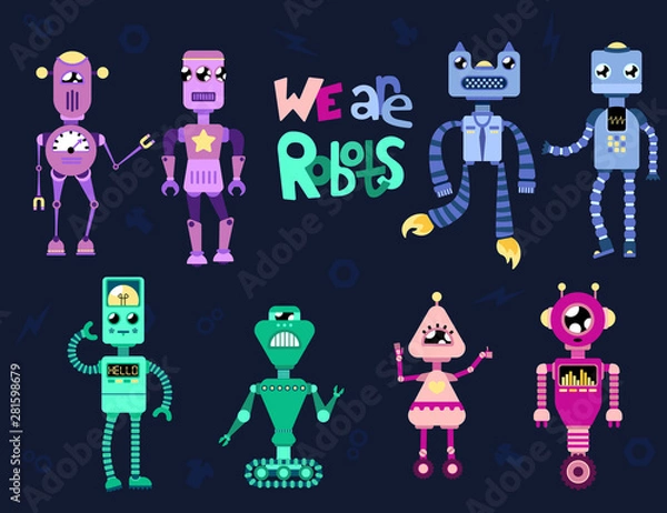 Fototapeta Set vector multicolored pastel blue green pink color cute different robots with the text "we are robots" on a dark blue background eight robots with small elements for children