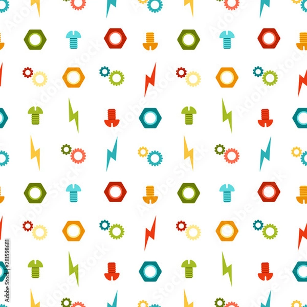 Fototapeta Seamless vector pattern of parts, nuts, cogs, gears, zippers, gears, colored on a white background, a chessboard arrangement for boys