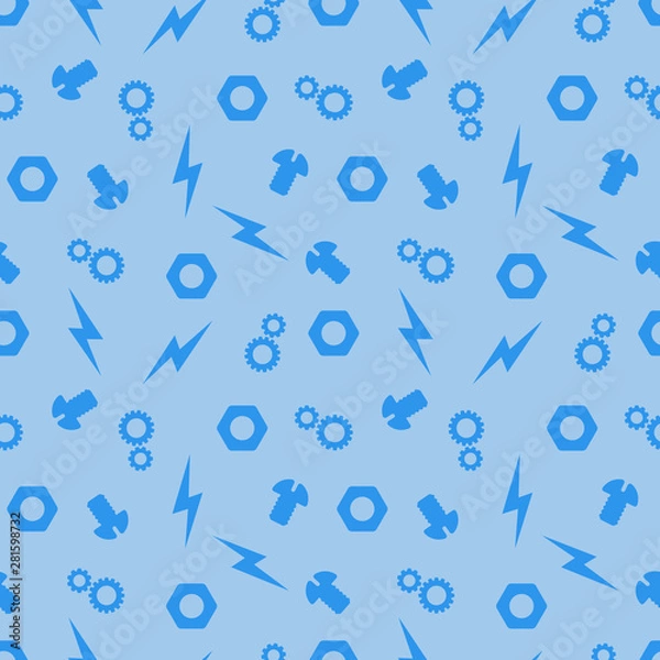 Fototapeta Seamless vector pattern pieces, nuts, screws, gears, lightning dark blue on a blue background, randomly located for boys mechanisms