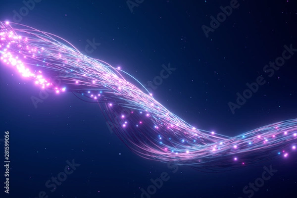 Fototapeta Świecący kabel światłowodowy. Informacje przepływają drogą przewodową. Pojęcie technologii i transferu informacji. Nowoczesne spektrum kolorów niebieski fioletowy ilustracja 3d