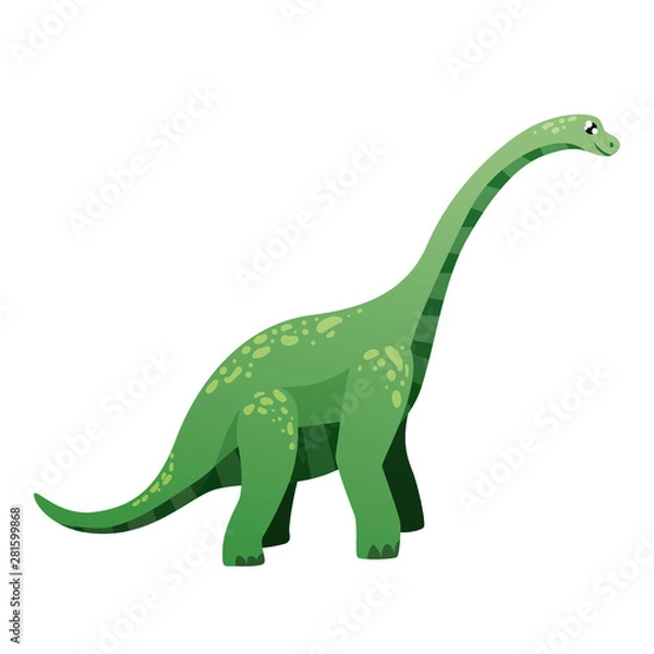 Fototapeta big green dinosaur with a long neck diplodocus in full growth, small head, cartoon style on a blea isolated background