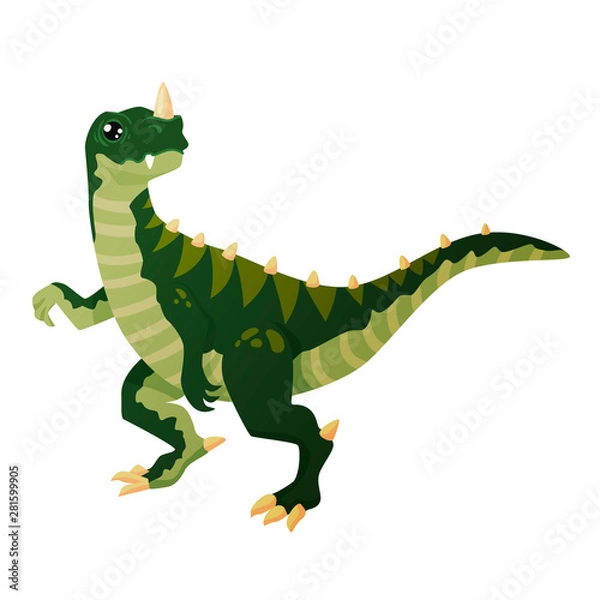 Obraz The predatory dinosaur, ceratosaurus, looks like a tirex, a full-grown green darling with big eyes on an isolated white background, with a raised paw standing on its hind legs. Dinosaur has a horn