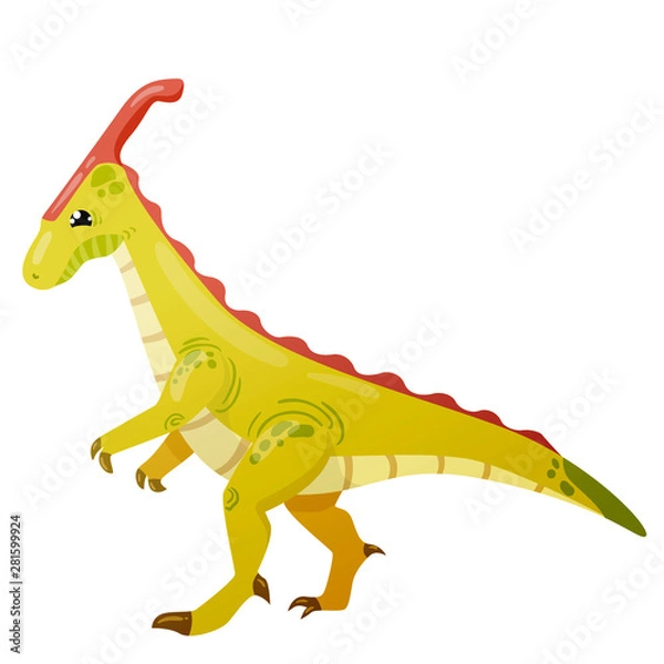 Fototapeta Parasaurolophus dinosaur green red, full-length in cartoon style on an isolated white background, with short arms