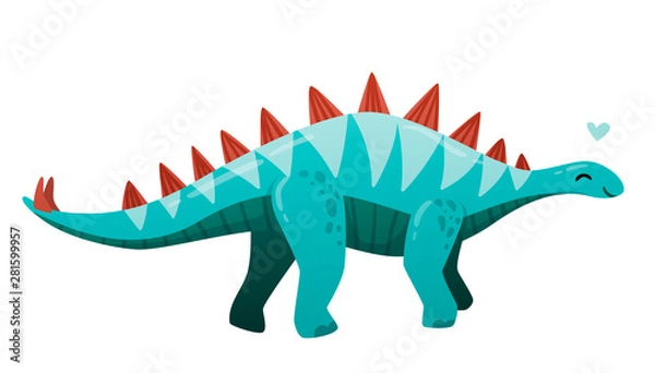 Fototapeta Little cute turquoise blue stegosaurus with a red ridge, closed his heart over his head, a smile. Bright triangular stripes on the back, cartoon style, isolated on white background.