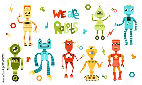 Fototapeta Set vector multicolored cute different robots with the text "we are robots" on a white background eight robots with small elements for children kids