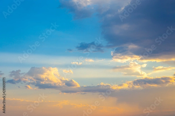 Obraz Pink vanilla heaven. Bright blue sky with gentle cumulus clouds. soft pastel colors