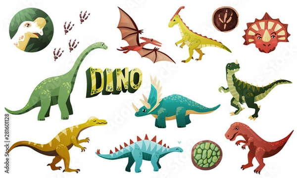 Fototapeta A large set of several dinosaurs, dinosaur footprints, the word DINO, drawn in one style, color, for the decoration of textiles, children's books. On a white background, isolated. Cute fossil animals 