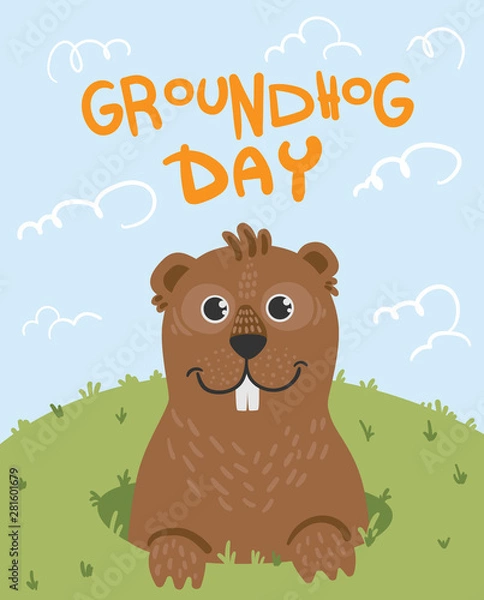 Fototapeta Greeting card on groundhog day. An animal. A ferret. A cheerful look out of a mink. Cartoon style. Spring sky grass. From the fossa on the first day of spring plus handwritten text cute gopher